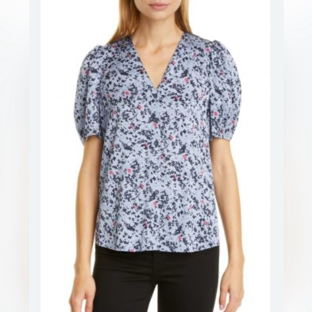 nordstorm Signature silk Floral Puff Sleeve Stretch Top Floral blouse small